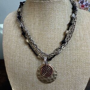 Laura Ashley Hammered Gold Spiral Pendant Layered Choker Necklace 17”